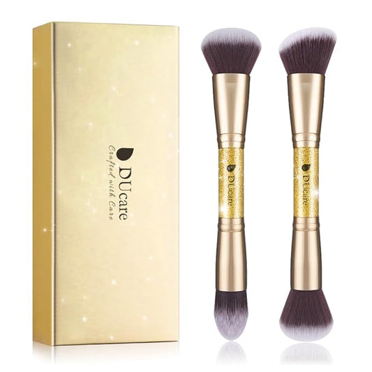 DUcare 2Pcs Duo End Makeup Brushes, Synthetic Bristle Foundation Powder Buffer & Contour Brush Set, Dual Sided Face Brushes for Blending Concealer Bronzer Highlighter