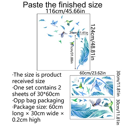 Blue Feathers Wall Decor Stickers, Creative Hummingbird Feather Window Peel and Stick Wallpaper Deacls, DIY Art Mural for Living Room Bedroom Kitchen Laundry Room Classroom