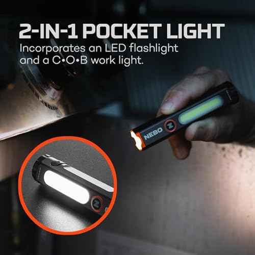 NEBO Mini Larry 500 Pocket Flashlight | 500 Lumens, 2 Light Modes, Compact, Rechargeable COB Work Light & Mini Flashlight, Magnetic Base & Steel Clip, Waterproof, Includes USB-C Charging Cable