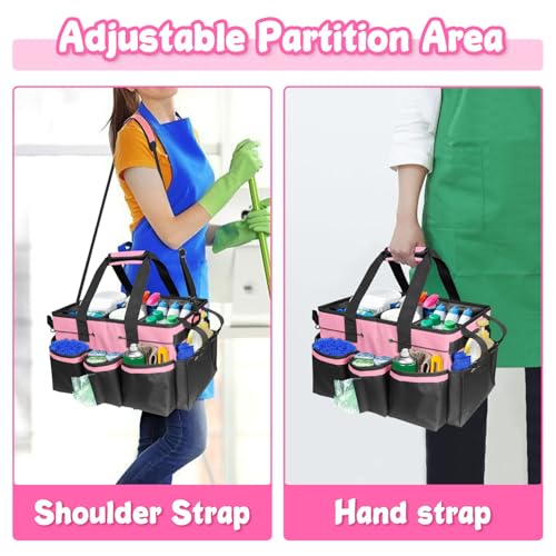 Grekos Wearable Cleaning Caddy Bag, Cleaning Caddy Suppliers Organizer with 4 Foldable Dividers, Handle & Shoulder Straps Cleaning Tool Organizers for Cleaners & Housekeeper (Pink)