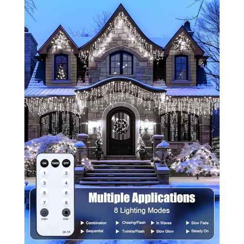 Minetom Icicle Lights for Outside, 100Ft 832 LED White Christmas Lights with 156 Drops,Outdoor Icicle Christmas Light with Remote and Timer for House Roof, Pure White