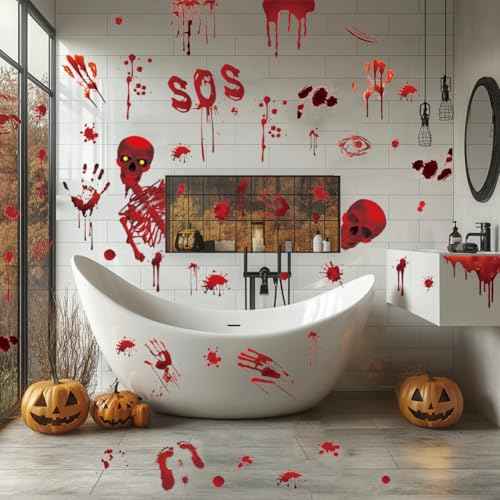 Halloween Wall Decals Bloody Handprint Footprint Wall Stickers Scary Halloween Decorations Spooky Window Stickers Removable Vinyl Wall Art Decal for Bathroom Living Room