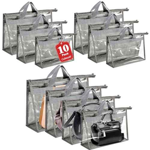 10 Pcs Dust Bags for Handbags,Clear Handbag Storage Organizer,Purse Storage Organizer for Closet,Purse Protector Storage Bag with Zipper Handle and Hooks (Grey)