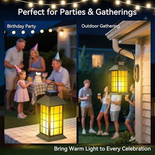 2 Pack 13" Black Solar Lantern with Flickering Flame Candle | Outdoor Waterproof Hanging Solar Lanterns, Metal & Glass Lights for Garden Decoration, Rustic Gifts for Mom