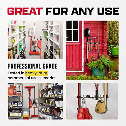 2 Pack Mop and Broom Holder Wall Mount ? Self-Adhesive Stainless Steel broom hanger organizer ? 4 Clamps, 3 Hooks ? Holds Up to 40 Lbs