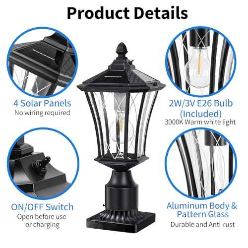YSN 16" Solar Post Lights Outdoor, Dusk to Dawn Outdoor Post Lights with Pier Mount Base, Black Solar Lamp Posts Light Fixture, Waterproof Light Posts for Outside Yard Garden Patio, 1 Pack