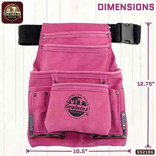Graintex SS2186 10 Pocket Nail & Tool Pouch Pink Color Suede Leather with 2?¢æ Webbing Belt for Constructors, Electricians, Plumbers, Handymen
