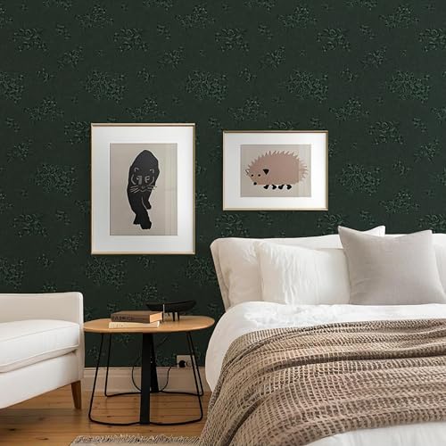 Green Peel and Stick Wallpaper, Gothic Floral Textured Dark Wall Paper Contact Paper 118"X17.7", Renter Friendly Modern Kitchen Drawers Walls Cabinets Self Adhesive Damask Cabinet Vinyl Roll
