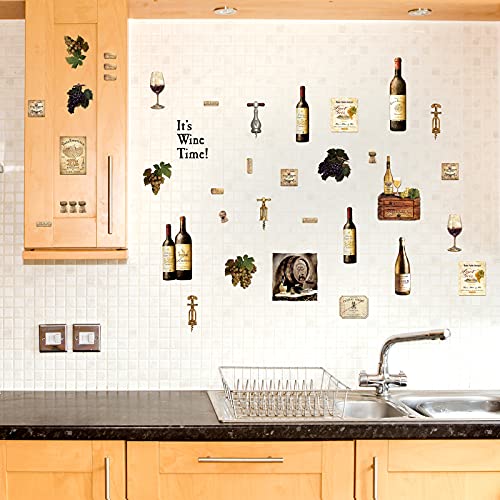 8 Sheets Wine Bottle Kitchen Wall Decals Grape Fruit Wall Stickers Kitchen Decor Wine Tasting Stickers Peel and Murals for Dining Living Room Bar Restaurant