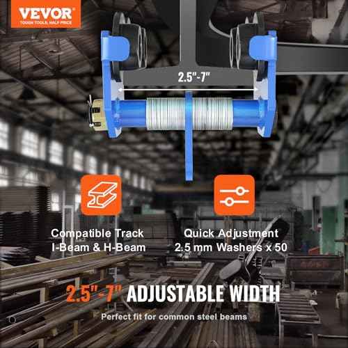VEVOR Manual Trolley, 4400 lbs/2 Ton Load Capacity, Push Beam Trolley with Dual Wheels, Adjustable for I-Beam Flange Width 2.5" to 7", Heavy Duty Alloy Steel Garage Hoist for Straight Curved I Beam
