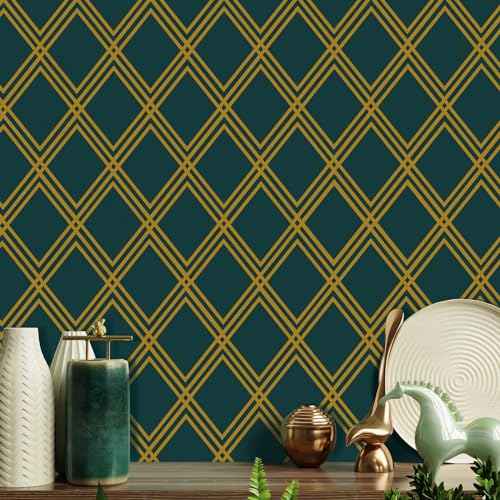 Ohmywor Peel and Stick Wallpaper Dark Green and Gold Wallpaper, Diamond Geometric Wallpaper Contact Paper, Self Adhesive Removable Decorative Trellis Wall Covering Vinyl 17.7"x118"