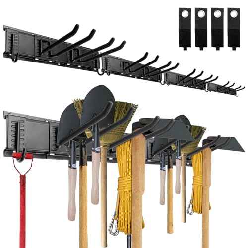 Heavy Duty Wall Mount Tool Organizer Rack, 48" Garage Storage Shelf w/Adjustable 16 Metal Hooks, 440lbs Capacity - Hanging Rake, Broom, Mop, Shovel, Snowboard, Yard Tools, Ideal Men's Gift