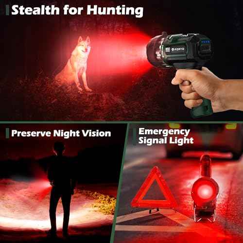 FORTO Handheld Compact Spotlight with Red Lens, 1400 Lumens Rechargeable Spot Light with Adjustable Focus, 823m Range, 3 Light Modes, Suitable for Hunting Boating Camping Hiking Observe Animals