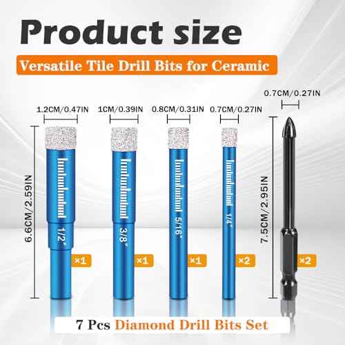 7 PCs Diamond Drill Bits Set, Versatile Tile Drill Bits for Ceramic Glass Porcelain Marble Granite, Blue Dry Diamond Drill Bit Set, Premium Fast Dry Drilling with Cooling Wax, Round Shank - Samest
