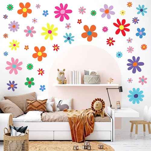 12 Sheets Daisy Wall Decals Boho Flower Wall Stickers Cute Kids Girls Room Decor Peel and Stick Floral Decals Toddler Nursery Playroom Living Room Bedroom Classroom Retro Hippie Decor Bright Style