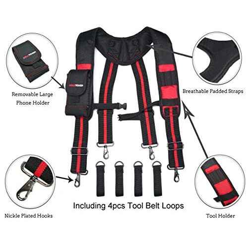 MELOTOUGH Tool Belt Suspenders Construction Work Suspenders with detachable phone holder comfortable foam shoulder padder (Red)