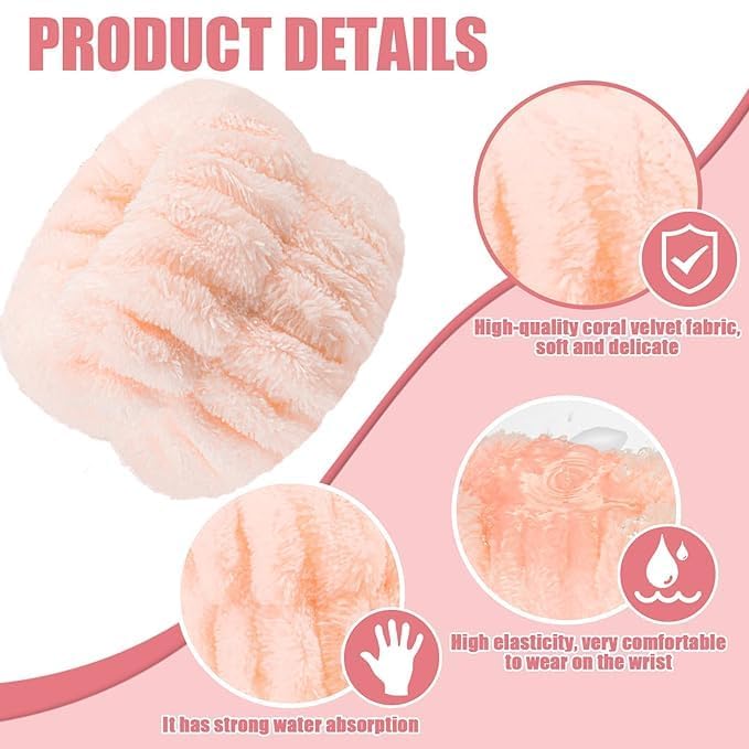 12Pcs Anmieciu Microfiber Spa Wristbands - Wrist Towels for Face Washing, Arm Bands to Prevent Liquid Spilling (Beige, Blue, Bud Pink)