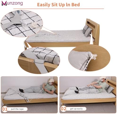 Munzong Bed Ladder Assist 160 Inch, Grey Pull Up& Sit Up Assist Device, Assistive Bedside Straps w/ 5 Handle, Portable Rope Beds Ladder Helper for Elderly Senior Injury Handicap Patient Pregnant(4 m)