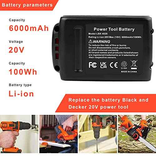 2-Pack 6Ah Max 20V Lithium Battery Replacement for Black & Decker ASL/BDC/LD/LC/LP Series, Compatible with LBXR20 LBXR20B LBXR20-OPE LBXR2020 LBXR20 LB20 LBX20 - High Capacity Cordless Tool