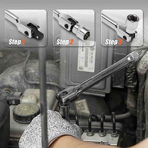 3/8'' Drive Breaker Bar, 10 Inches Long Extension Breaker Bar with 180-Degree Cr-V Flex Head and Engraved Non-slip Handle, Polished Finish, Home Use Socket Wrench
