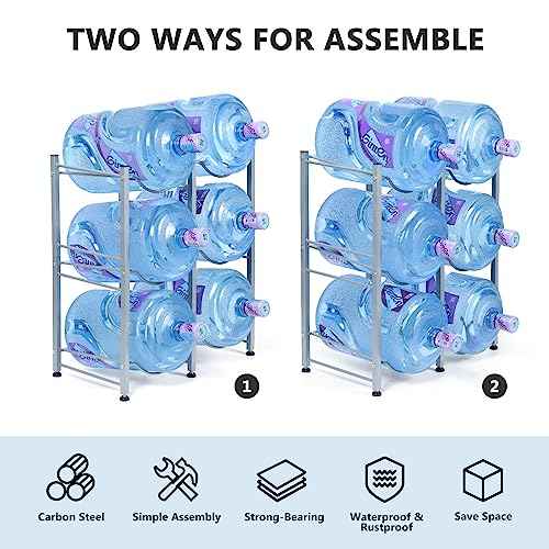Nandae Water Cooler Jug Rack, 3-Tier Heavy Duty Water Bottle Holder Storage Rack 5 Gallon Water Jug Holder for 6 Bottle, Sliver