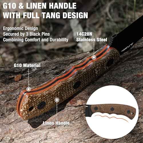 FLISSA Fixed Blade Knife with Sheath, 4.7" Full Tang Hunting Kukri Knife with 14C28N Steel Blade, G10 and Linen Handle, Rope Cutter for EDC Outdoor Hiking, Survival, Camping
