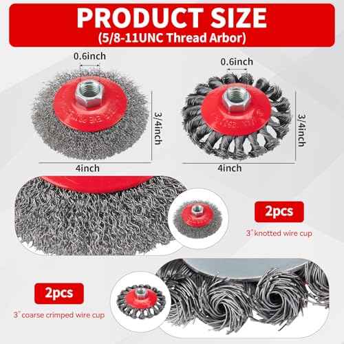 8 Pcs Wire Wheel Brush for 4-1/2 Angle Grinder, 4pcs 4¡± Wheel Brushes, 4pcs 3¡± Cup Brush Set, 5/8 -11 Threaded Arbor, Angle Grinder Wire Wheel for Rust, Corrosion, Paint Removal