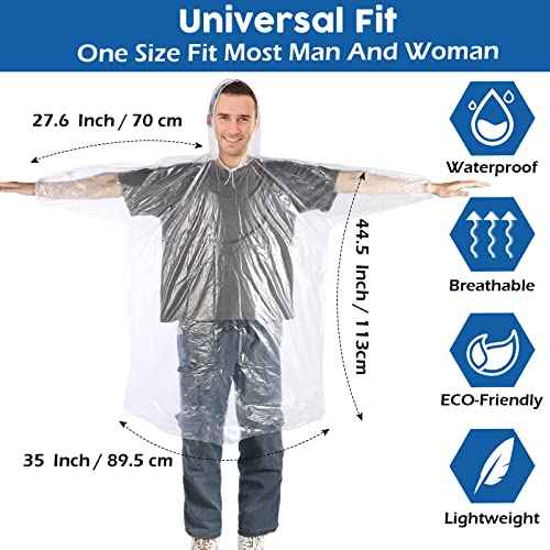 Berlune 50 Pcs Disposable Rain Ponchos for Adults Thick Disposable Ponchos Bulk with Hood Emergency Raincoats for Camping Themed Park, Clear