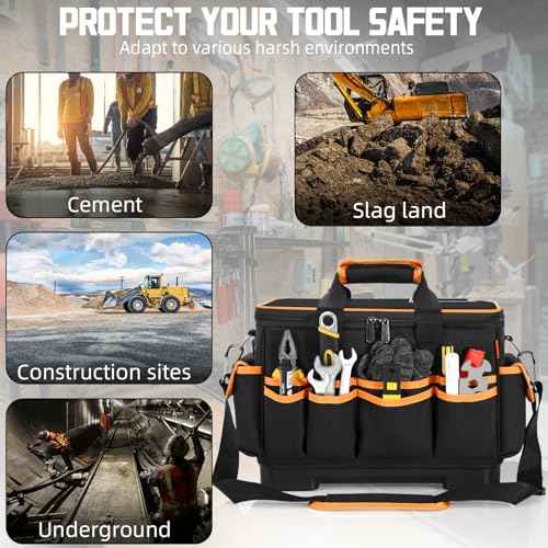 14 Inch Tool Bag with Waterproof Hard Bottom, Large Multi-Pockets Tool Tote Box Organizer Heavy Duty Storage Case