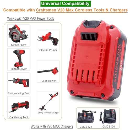 Upgraded 2-Pack 6.0Ah 20V Replacement Battery CMCB206 Compatible with Craftsman 20-Volt V20 Series Cordless Outdoor Tools - Compatible with Craftsman V20 CMCB204 CMCB202 Lithium Batteries