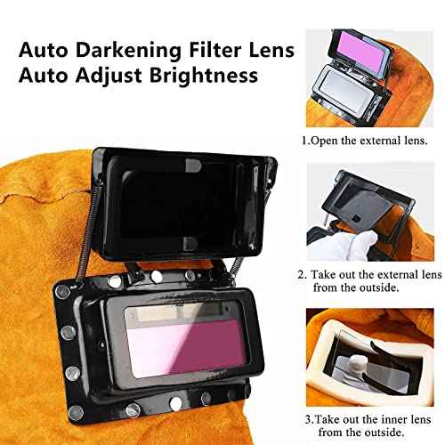 2025 Cowhide Leather Welding Hood with Solar Auto Darkening Filter Lens Mask,Full Protective Leather Welder Hood Welding Helmet with Neck Shoulder Protective,Welding Flame Heat Resistant Work Cap Hat