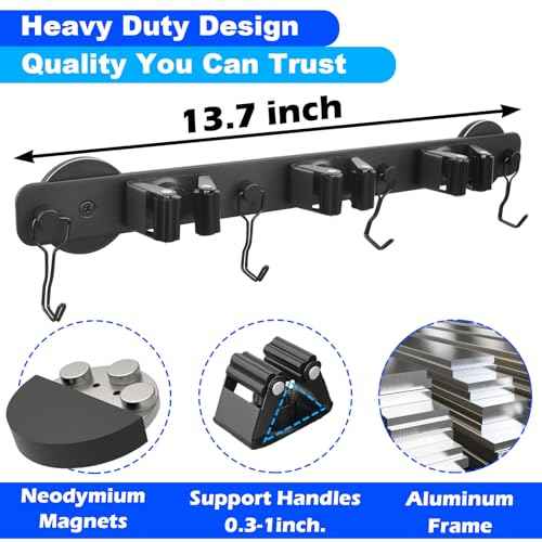 Strong Magnetic Mop Broom Holder, 1 Set Heavy Duty Magnetic Mop Hanger with 4 Hooks, Magnet Tool Hanger Wall Mount Storage Rack Organize System for Refrigerators Workshop Laundry Garage Kitchen