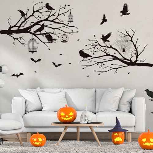 Halloween Wall Decals Black Tree Branch Wall Stickers Gothic Crow Stickers Mural Halloween Party Decorations Peel and Stick Wall Art for Bedroom Living Room