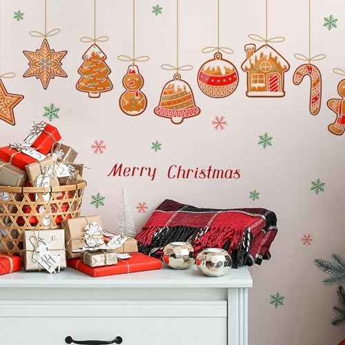 Christmas Gingerbread Wall Decals Removable Vinyl Xmas Wall Stickers Christmas Candy Snowflake Peel and Stick Wallpaper for Winter Holiday Living Room Bedroom Home Office Decor