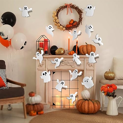 3D Halloween Ghost Stickers - 42 Pcs Reusable Self-Adhesive White Decals for Wall Decorations - Party Supplies for Gothic Home Window Door Room Decor