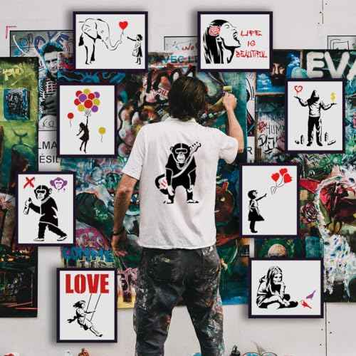 FINGERINSPIRE 9 pcs Banksy Painting Stencil 8.3x11.7inch Reusable Banksy Girl Boy Chimpanzee Pattern Drawing Template Life is Beautiful Decoration Stencil for Painting on Wood Wall Fabric Furniture