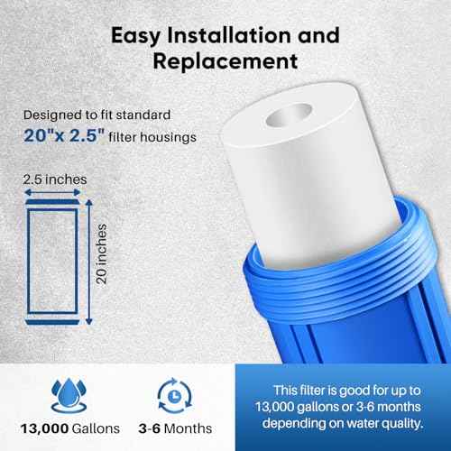 PUREPLUS 5 Micron 20" x 2.5" Whole House Sediment Home Water Filter, 20-inch Sediment Pre-Filtration, Replacement Cartridge Aqua Pure AP110-2C, Pentek P1-20/SP-P1-20/PX01-20, Watts FPMB5-20, 6Pack