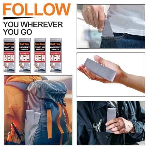 4 Pack 1.77 in x 10 ft Travel Duct Tape Mini Pocket Size Flat Roll Flexible Heavy Duty Waterproof Tear by Hand for Repair Outdoor Emergency Gear EDC DIY Craft Camping Hiking (Silver)