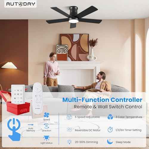 42 Inch Low Profile Ceiling Fan with Light, Black Ceiling Fans with Lights and Remote, Flush Mount, 6 Speeds Reversible Quiet DC, 3CCT Dimmable, Indoor Outdoor Ceiling Fans for Patios Bedroom