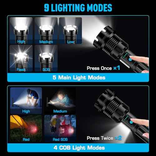 ANKRA 90000 High Lumens Flashlights Rechargeable with COB Work Light Super Bright LED Flashlight Zoomable&14 Modes &Waterproof Tactical Flashlight for Emergencies,Camping,Hiking,Outdoor,Indoor