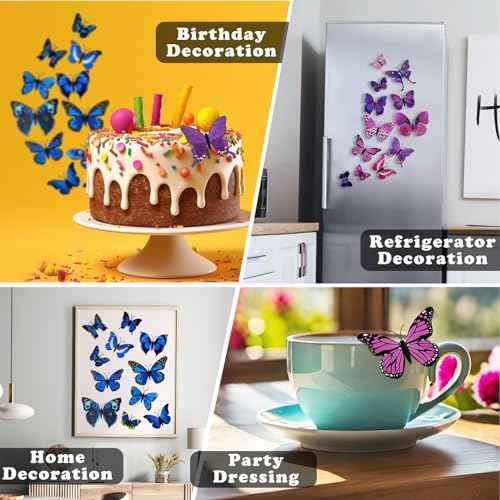 24PCS Butterfly Wall Decor, 3D Butterfly Decorations Wall Art Wall Decals with Magnets & 60PCS Adhesive Tapes 5 Styles Butterfly for Party Refrigerator Window Garden (Magnet Blue+Purple)