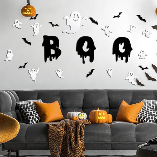 24Pcs Halloween Ghost Wall Decor 3D Stickers Decals Decorations Reusable Self-Adhesive Cute White Spooky Decals for Home Window Door Room Party Supplies