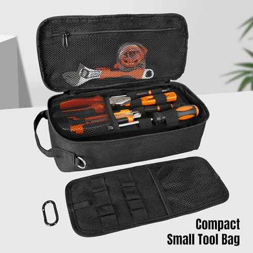 Portable Small Tool Bag, Heavy Duty Tool Pouch Bag with Shoulder Strap and D-ring Clip, Durable Waterproof Multiple Pockets Tool Hand Bag for Electricians, Carpenters, HVAC Technicians (Black)