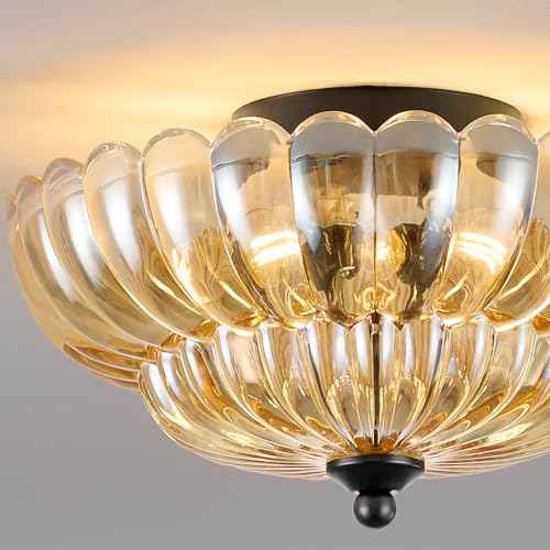 Modern Black Ceiling Light Fixture, 12" Amber Glass Flush Mount Chandeliers, Semi Flush Mount Ceiling Light Fixture Suitable for Living Room Hallway Kitchen Bedroom