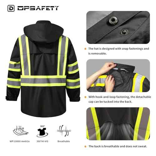 Reflective Rain jackets for men waterproof,Hi Vis Safety Coat With Reflective Strips£¬High Visibility Class 3 Rain jackets With 2 large pockets£¬Zipper,Black £¬LG/XL