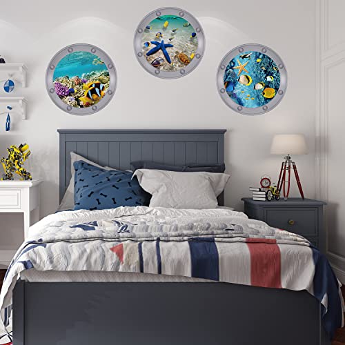 3PCS Ocean Animal Stickers-Wall Decor Wall Decals Peel and Stick, Fish, Ocean Turtle and Coral Patterns Room Decor 3D Stickers(12x12 inch)