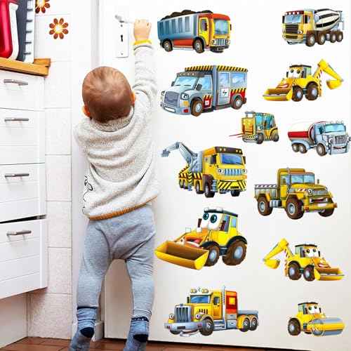Large Construction Cars Wall Stickers 12 PCS Truck Wall Decals for Kids Room, Cartoon Excavators & Rollers Wall Decor Posters Lovely Vehicles Art Murals Decorations for Nursery Playroom