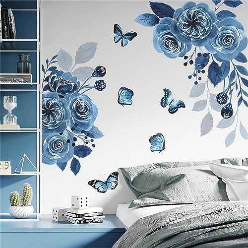 Blue Siren Peony Rose Flower Wall Stickers,sacinora Butterfly Floral Art Plants Wall Decals Removable Vinyl Peel and Stick for Living Room Bedroom Children's Room Kitchen Sofa TV Background Decoration