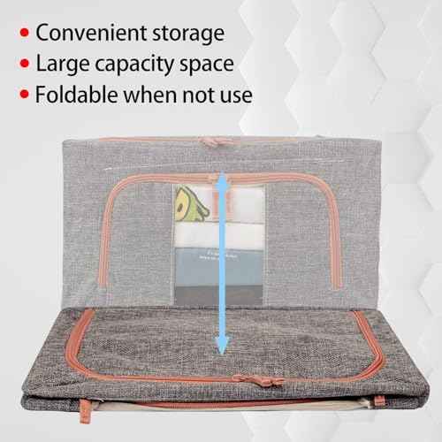 3 Pack 22L Foldable Clothes Storage Bins Box Stackable Steel Frame Closet Containers Organizer with Clear Windows Linen Fabric Bags for Beddings/Quilt