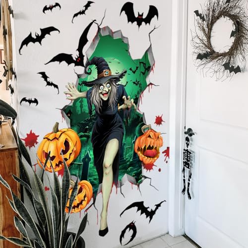 Halloween Wall Decals Gothic Witch Bat Pumpkin Wall Stickers Halloween Horror Wall Decor Removable Vinyl Peel and Stick Wallpaper for Bedroom